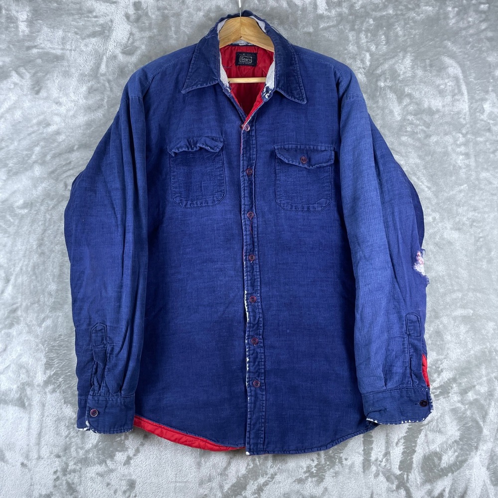 Vintage Sears Quilted Lined Corduroy Shirt Mens Tall XL Blue Workwear Distressed